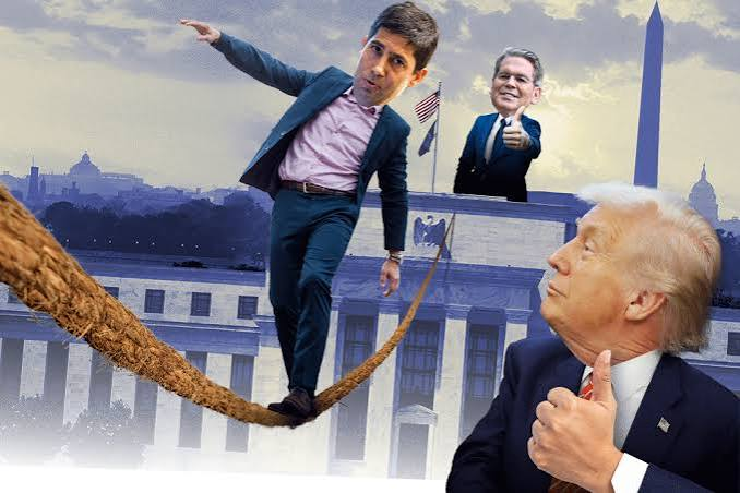 The image is a political satire illustration showing three men in business suits: Paul Ryan balancing precariously on a tightrope with arms outstretched, Donald Trump holding the rope below him while pointing upward, and Mitt Romney pointing toward Ryan from atop a building. The White House and Washington Monument appear in the background under a cloudy sky, setting a symbolic Washington D.C. scene. This accompanies a post celebrating a 3.4% U.S. Core CPI reading—the lowest in over five years—framing cooling inflation as bullish for rate cuts, liquidity, risk assets, and crypto markets.