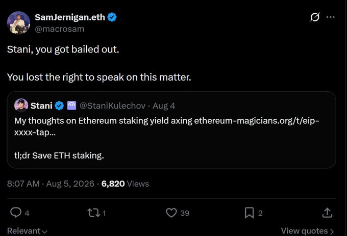 A screenshot of a tweet from SamJernigan.eth (@macrosam) directed at Stani (@StaniKulechov) stating 'Stani, you got bailed out. You lost the right to speak on this matter,' quoting a previous tweet about Ethereum staking yield.