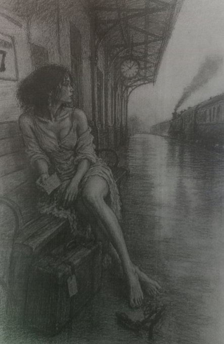 A graphite drawing depicts a forlorn woman seated on a suitcase at a train platform, her gaze fixed on a departing steam train as it pulls out without her. The melancholic scene visually echoes the post's reflection on missed journeys and irreversible departures.