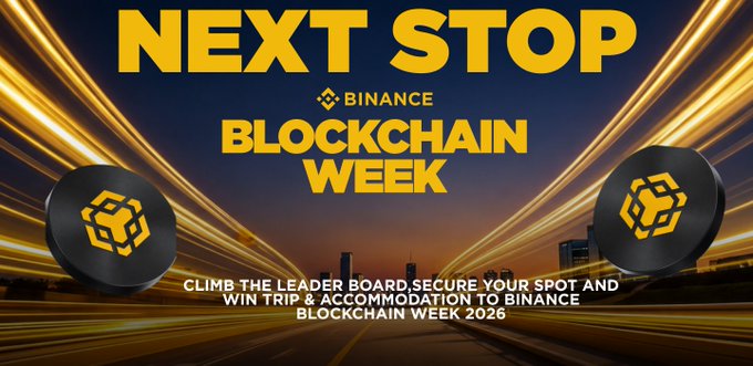 A vibrant promotional banner for "NEXT STOP: BINANCE BLOCKCHAIN WEEK" features golden text and the Binance logo over a dynamic cityscape backdrop with light trails, promoting a contest where top referrers can win a return trip to Bangkok. The image visually supports the post's message about earning a trip to Binance Blockchain Week in Thailand through referrals, KYC completions, and climbing the leaderboard to secure a top 5 spot.