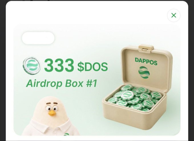 The image shows a DappOS airdrop box containing 333 $DOS tokens, featuring a cartoon bird mascot beside a cream-colored box labeled "DAPPOS" filled with green coins. This visual accompanies the announcement of the DappOS airdrop eligibility checker going live, illustrating the example allocation amount users can expect to verify when checking their rewards.