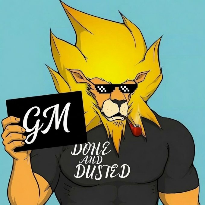 A cartoon illustration of a muscular anthropomorphic lion wearing pixelated sunglasses and holding a black sign that reads 'GM' along with the text 'DONE AND DUSTED' on its shirt.