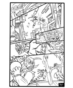 A black-and-white comic book page showing multiple panels of action sequences with characters in a battle scene, drawn in an anime/manga style.