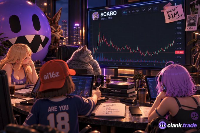 An anime-style digital illustration depicts anime characters in a crypto trading room watching a chart for the $CABO token (CABO/ETH) with a 'TARGET $1M' note and a clank.trade logo.