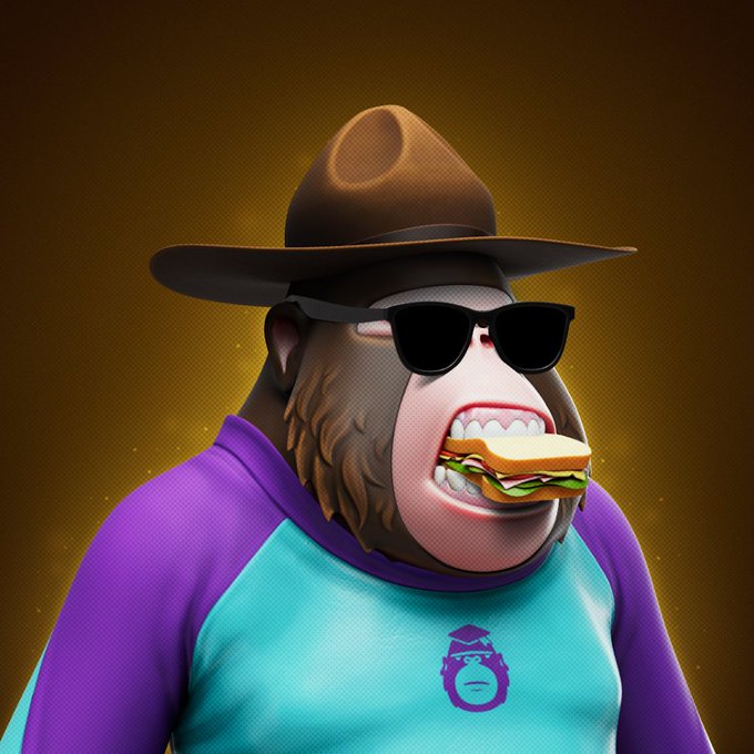 3D-rendered character of a monkey wearing a brown cowboy hat, black sunglasses, a teal and purple raglan shirt, with a sandwich in its mouth.