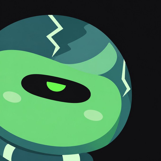 A digital illustration features a round, stylized character with a bright green face, a single large black eye with a green pupil, and dark teal armor-like sections marked with white crack-like lines.