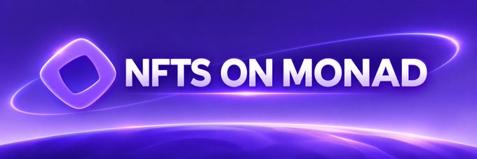 A purple banner with a gradient logo and the bold text "NFTS ON MONAD" surrounded by glowing orbital rings, serving as a vibrant header celebrating the emerging Monad NFT ecosystem featuring projects like Skrumpeys, R3tardsNFT, and Mongang.