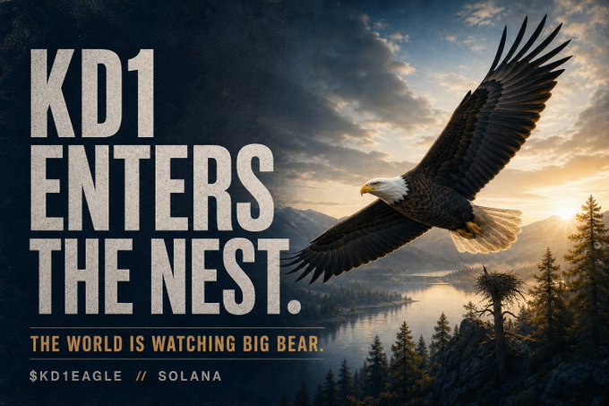 A promotional image titled 'KD1 ENTERS THE NEST' showing a bald eagle in flight over a mountain lake at sunset, with the ticker '$KD1EAGLE' and 'SOLANA' visible at the bottom.
