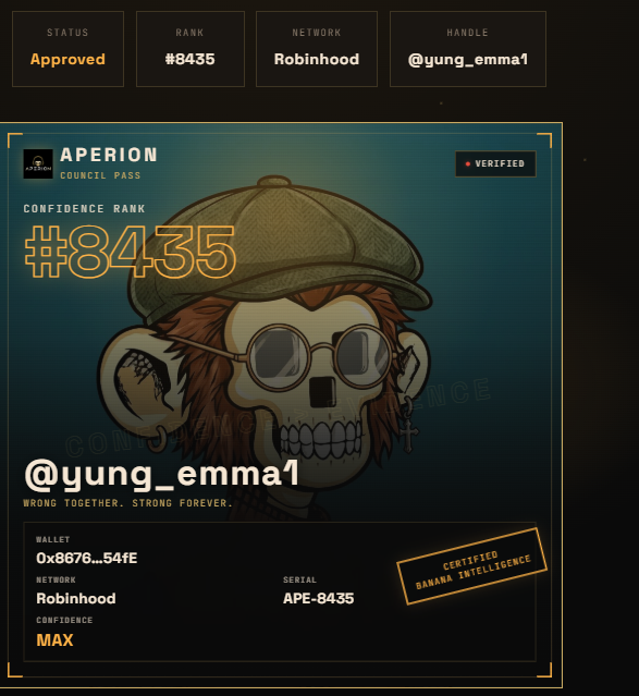 An "Aperion Council Pass" NFT-style certificate displays rank #8435 for handle @yung_emma1 on the Robinhood network, with "Certified Banana Intelligence" status and confidence level "MAX." The graphic supports the post's announcement of a completed Aperion GTD WL (whitelist) application, promoting the Aperion club's expansion to the Robinhood chain.