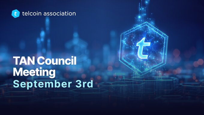 The image is a promotional graphic for the "TAN Council Meeting" on "September 3rd," featuring the Telcoin Association logo and a glowing hexagonal emblem with the letter "t" against a futuristic blue digital cityscape, which visually reinforces the blockchain/cryptocurrency theme of the meeting announcement.