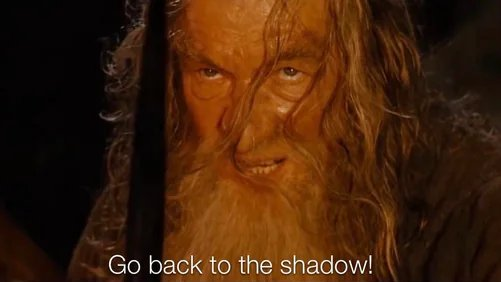 A close-up of an older man with long, tangled hair and a beard, with the subtitle "Go back to the shadow!" at the bottom.