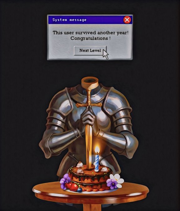 The image features a birthday cake placed on top of a wooden table, surrounded by candles. The cake has a sword-wielding figure holding a lit candle next to it. In the background, there's a computer screen with a message that reads "System Message". This message congratulates the user for their survival of another year and announces the next level they will be entering.