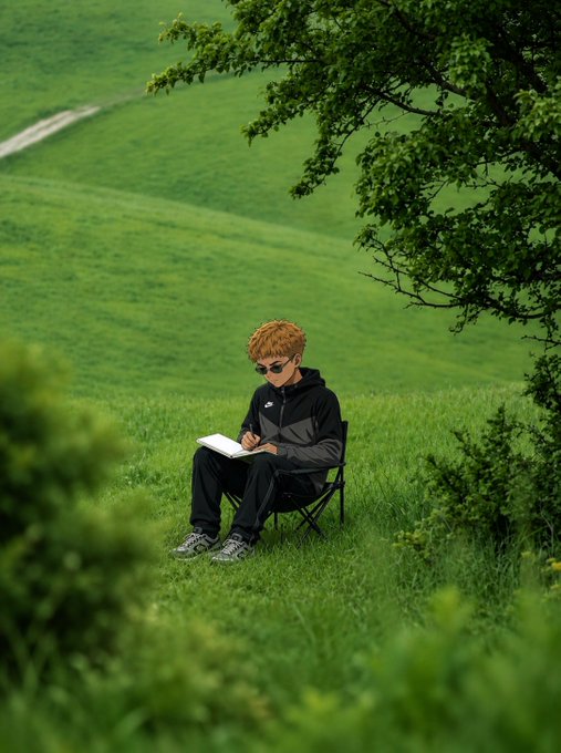 A young man with curly reddish-blonde hair and sunglasses sits in a camping chair in a lush green hillside, writing in a notebook.
