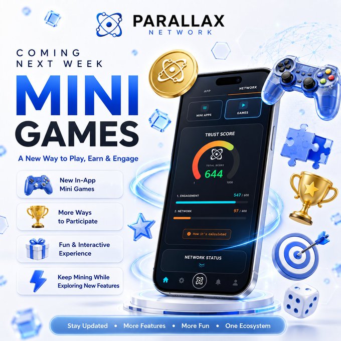 A promotional graphic for Parallax Network announces the upcoming launch of "MINI GAMES" coming next week, featuring a smartphone displaying the app's interface with a Trust Score of 644 (Engagement 547/600, Network 57/600), surrounded by gaming icons like controllers, trophies, puzzle pieces, dice, and a target. The tagline "A New Way to Play, Earn & Engage" and bullet points highlight new in-app mini games, more participation methods, an interactive experience, and continued mining, aligning with the post's message about expanding the Parallax ecosystem with fun gaming features.