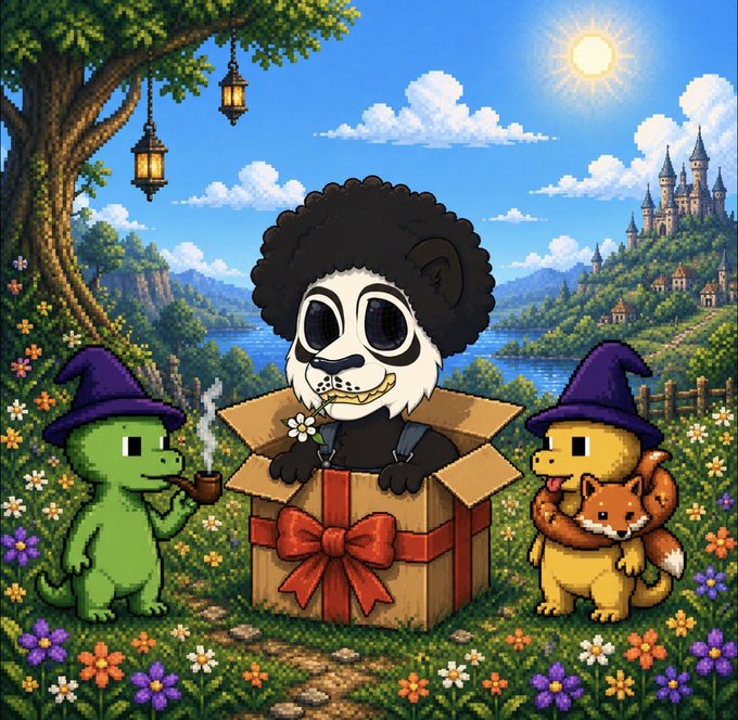 A whimsical illustration showing a panda-like character with an afro popping out of a gift box, surrounded by a dinosaur, dragon, and red panda wearing wizard hats in a fantasy landscape.