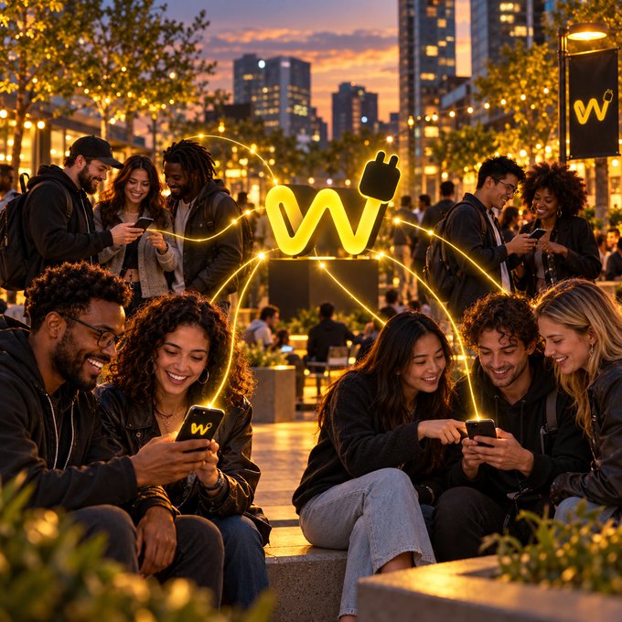 A vibrant nighttime scene of diverse groups of young people smiling and using their phones in an urban setting, with a glowing yellow 'W' logo and power plug symbol prominently displayed in the background.