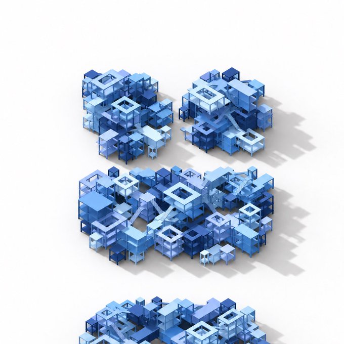An isometric 3D rendering of blue translucent cube structures forming an abstract architectural pattern against a white background.