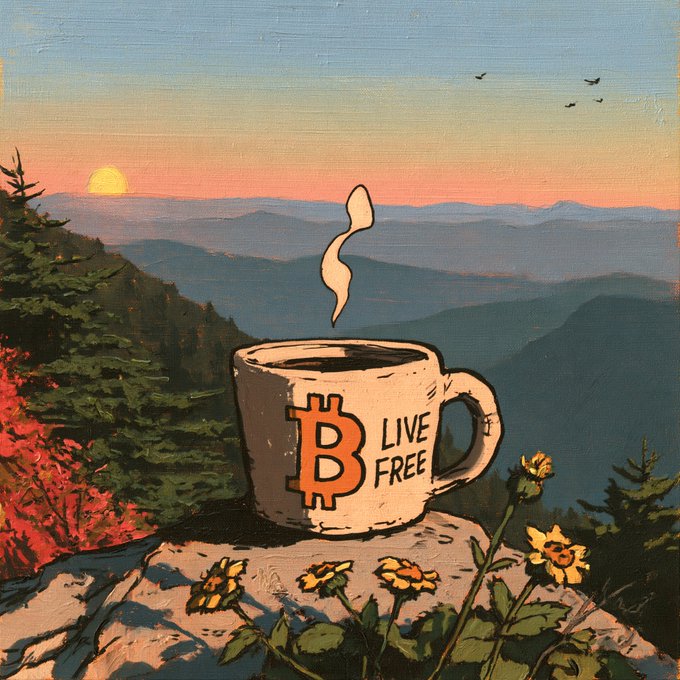 An illustrated painting of a steaming coffee mug printed with the Bitcoin "B" logo and the words "LIVE FREE," set on a rocky outcrop overlooking misty mountains at sunset, surrounded by sunflowers.