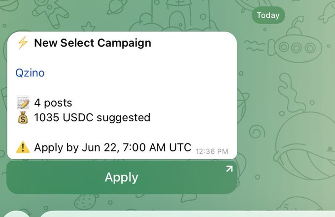The image shows a message from Zino, an app developer, who has posted four job openings for USDC positions at 10:00 AM USDC time. The post suggests that they are interested in hiring someone with experience in USDC.