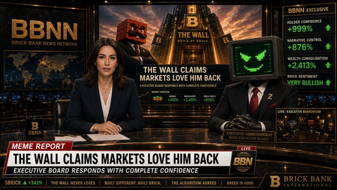 A fake news broadcast from 'BBNN Brick Bank News Network' features a female news anchor and a pixel-headed figure at a desk, with the headline 'THE WALL CLAIMS MARKETS LOVE HIM BACK' and a ticker showing 'BRICK +342%', 'HOLDER CONFIDENCE +999%', 'NARRATIVE CONTROL +876%', and 'WEALTH CONSOLIDATION +2,413%'.