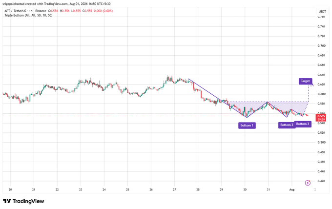 A TradingView chart for APT/TetherUS showing a 1-hour candlestick graph with a Triple Bottom pattern marked, indicating a target around 0.620 USDT.