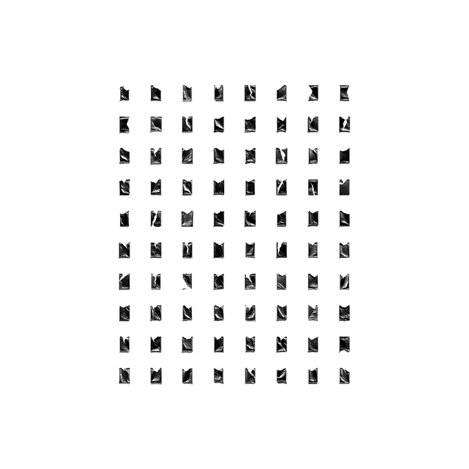A grid of 80 small black-and-white abstract geometric thumbnails, likely preview images of NFTs, displayed in an 8×10 arrangement to showcase the collection launching on FWA.