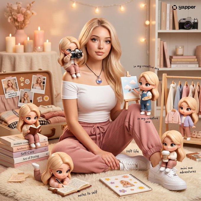 The image features a woman sitting cross-legged with her legs crossed while surrounded by various figurines of children. The figurines include dolls, teddy bears, and other cute toys arranged around her. In addition to the figurines, there are several books scattered throughout the scene, suggesting that she enjoys reading or has an interest in literature. A vase is also present on a surface near the woman, adding to the cozy atmosphere of the room. The image seems to be related to a post about self-love and positivity, as indicated by the caption "Another beautiful Monday It' s another week to complete all unfinished task and position for new one".