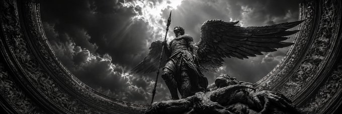 A dramatic black-and-white image shows a winged, armored statue holding a spear atop a defeated creature, framed by an ornate archway beneath a stormy sky with rays of light breaking through. The angelic, triumphant figure visually echoes the post's bullish sentiment, symbolizing $HAMSTER as a rising, victorious memecoin poised to dominate the market.