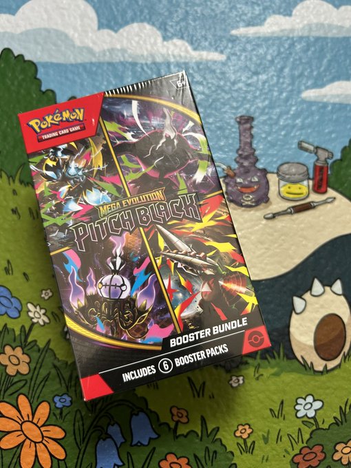 A Pokémon Trading Card Game booster bundle box for the "Mega Evolution: Pitch Black" set, which includes 6 booster packs, resting on a cartoon-patterned background.