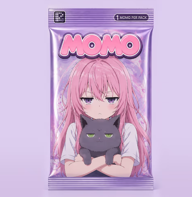 Anime-style illustration on a purple card pack labeled 'MOMO' featuring a pink-haired girl holding a black cat, marked '1 MOMO PER PACK'.