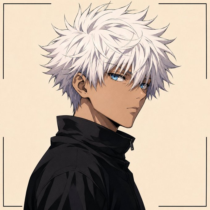 An anime-style illustration depicts a young man with messy white hair and striking blue eyes, wearing a black jacket.