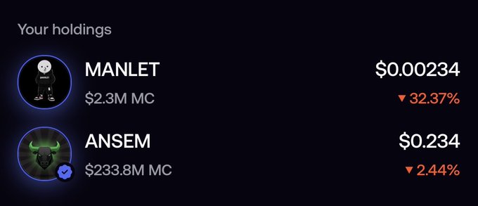 A crypto holdings portfolio screenshot showing MANLET at $0.00234 with a 32.37% drop and $2.3M market cap, and ANSEM at $0.234 with a 2.44% drop and $233.8M market cap.