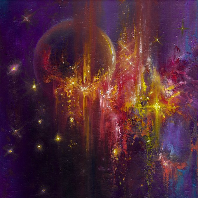 An abstract painting dominated by purple hues, featuring a glowing circular form with explosive streaks of red, yellow, and orange resembling a cosmic or fiery scene.
