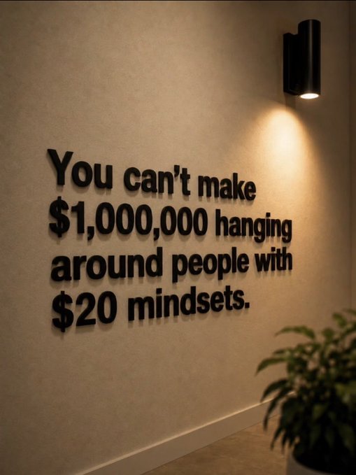 A motivational quote displayed as black dimensional lettering on a beige wall, reading: 'You can't make $1,000,000 hanging around people with $20 mindsets.'