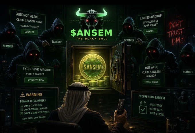 A dark, stylized graphic warning about cryptocurrency scams, featuring hooded figures with red eyes surrounding a vault of '$ANSEM' coins, with text about scammers and security warnings.