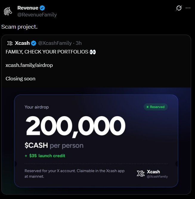 A tweet from 'Revenue' (@RevenueFamily) captioned 'Scam project.' that quote-tweets 'Xcash' (@XcashFamily) advertising an airdrop of '200,000 $CASH per person' plus $35 launch credit via xcash.family/airdrop.