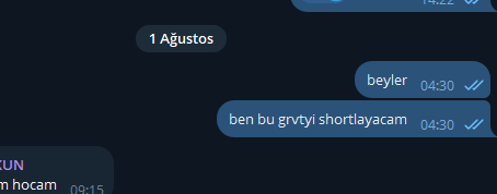 A Telegram chat shows messages dated August 1, including "beyler 04:30", "ben bu grvtyi shortlayacam 04:30" ("I will short this grvt"), and "m hocam 09:15", reflecting the post's intent to short $GRVT.