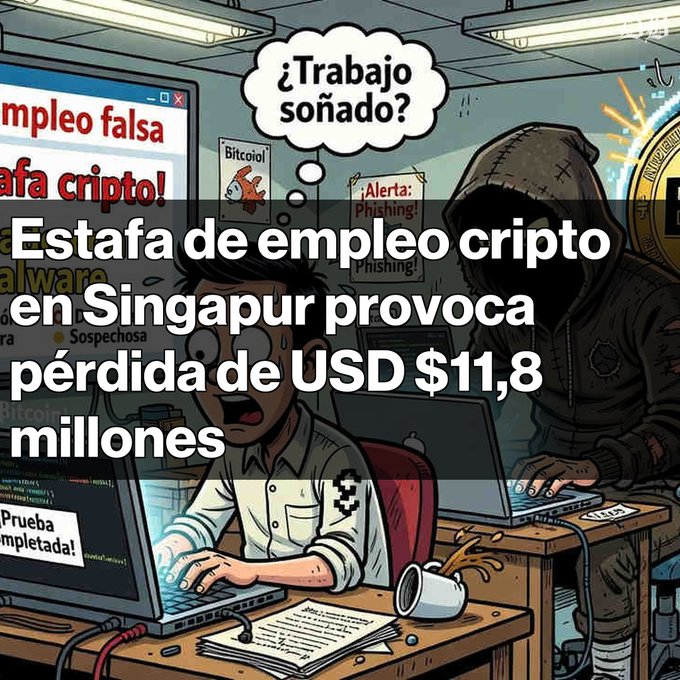 An illustrated scene depicting a cryptocurrency job scam, with text reading '¿Trabajo soñado?' and 'Estafa de empleo cripto en Singapur provoca pérdida de USD $11,8 millones' overlaying a distressed person at a computer.