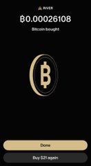 The image shows a Bitcoin purchase confirmation screen displaying the amount "฿0.000026108" bought for $21, aligning with the post's playful challenge urging 69 people to each buy $21 of Bitcoin to push the price past $80,000.