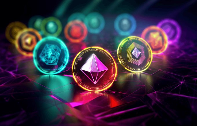 A vibrant digital artwork displaying multiple glowing cryptocurrency coins, prominently featuring Ethereum in the center, surrounded by other tokens on a colorful neon-lit surface.