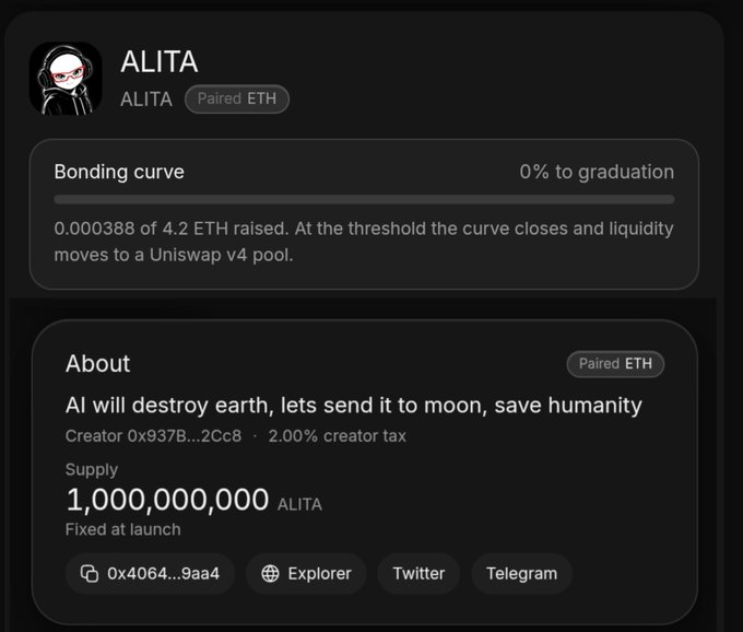 A screenshot of the ALITA token page on a bonding curve platform shows the token "Paired ETH" at 0% to graduation with 0.000388 of 4.2 ETH raised, alongside the contract address 0x4064...9aa4 and details like a 1,000,000,000 ALITA fixed supply and 2.00% creator tax. The image supports the creator's post celebrating the launch of their first memecoin.