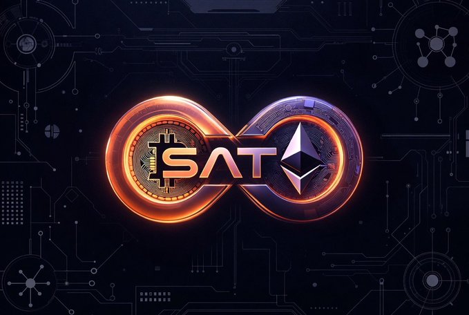 A digital graphic features an infinity symbol made of a Bitcoin and an Ethereum coin with the text 'SAT' in the center, set against a dark, circuit-like background.