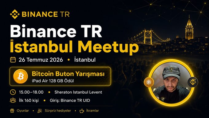 The image is a promotional poster for the **Binance TR Istanbul Meetup** on **26 Temmuz 2026 (July 26, 2026)** at **Sheraton Istanbul Levent** from **15:00–18:00**, limited to the first 160 attendees with entry via Binance TR UID. It highlights a **Bitcoin Buton Yarışması (Bitcoin Button Contest)** with an **iPad Air 128 GB** prize, features a photo of a man in a cap, and showcases iconic Istanbul landmarks like the Galata Tower and Bosphorus Bridge—visually reinforcing the community crypto meetup described in the post.