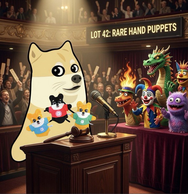 An illustration of a Shiba Inu dog standing at a podium with a gavel and microphone in an auction hall, with a sign reading 'LOT 42: RARE HAND PUPPETS' above colorful puppets and an audience holding paddles.