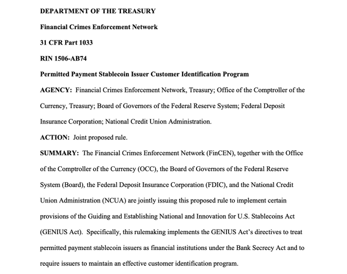 The image shows a document titled "Department of The Treasury Financial Crimes Enforcement Network 31 FRP 160-A4B" that discusses KYC, AML, regulated infrastructure, telecom distribution, and Digital Cash. It appears to be an internal document within the Treasury Department's Financial Crimes Enforcement Network (TCEN), which is responsible for enforcing financial regulations in the United States. The post mentions that the GENIUS Act framework is turning stablecoin issuers into recognized financial institutions, which could potentially impact KYC, AML, and other regulatory requirements.