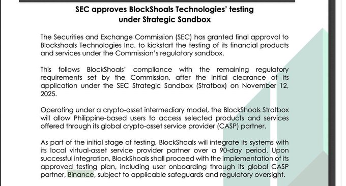 An SEC announcement titled 'SEC approves BlockShoals Technologies' testing under Strategic Sandbox,' detailing that the commission granted final approval for BlockShoals Technologies Inc. to test financial products, with integration through its global CASP partner, Binance, over a 90-day period.