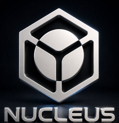 Metallic hexagonal logo with an inner sphere design and the text 'NUCLEUS' displayed below in silver lettering on a dark background.