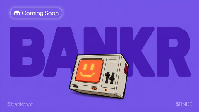 A purple promotional graphic for 'BANKR' marked 'Coming Soon' featuring a cartoon retro computer with an orange smiling face and '@bankrbot' and '$BNKR' text.