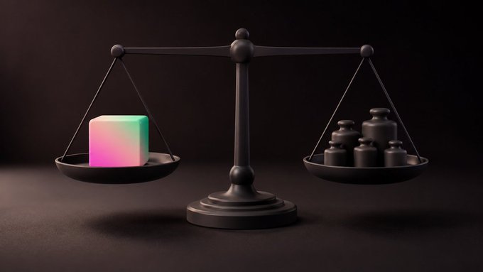 A 3D render of a balance scale with a colorful glowing cube on one side and dark weights on the other, set against a black background.