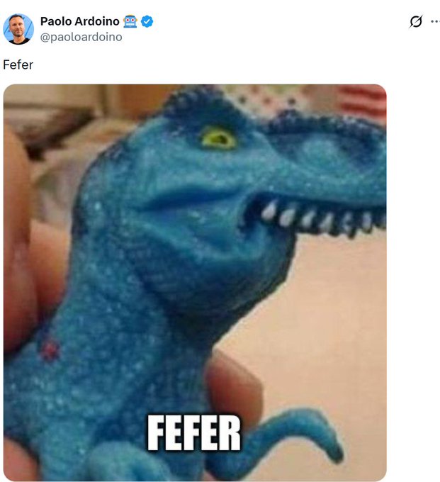 A tweet by Paolo Ardoino (@paoloardoino) captioned 'Fefer' showing a blue plastic dinosaur toy labeled 'FEFER' being held in someone's hand.